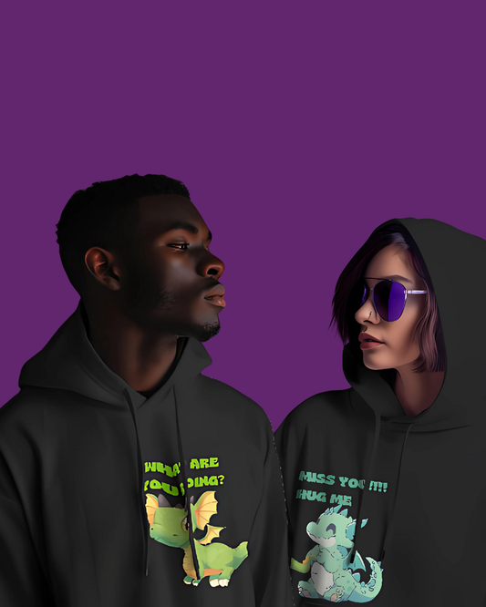 Playful Love Black: Adorable Dragon-Themed Couple Hoodies with Matching Fun & Flirty Designs