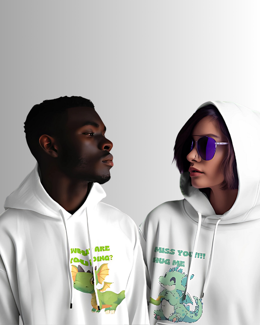 Playful Love White: Adorable Dragon-Themed Couple Hoodies with Matching Fun & Flirty Designs