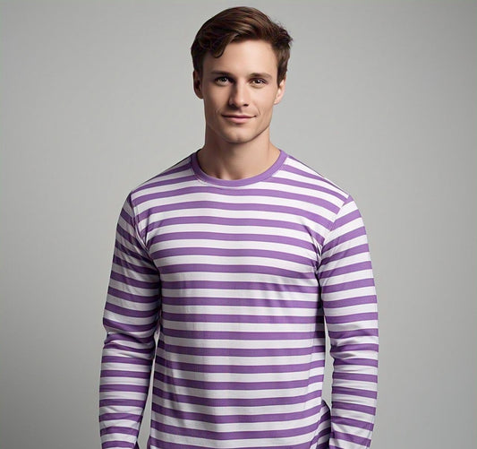 Timeless Elegance: White & Purple Striped Full Sleeve T-Shirt