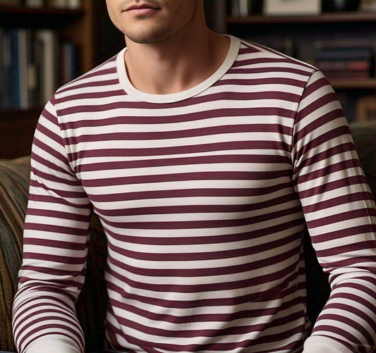 Evo Vogue Striped Sophistication: White & Maroon Full-Sleeve T-Shirt